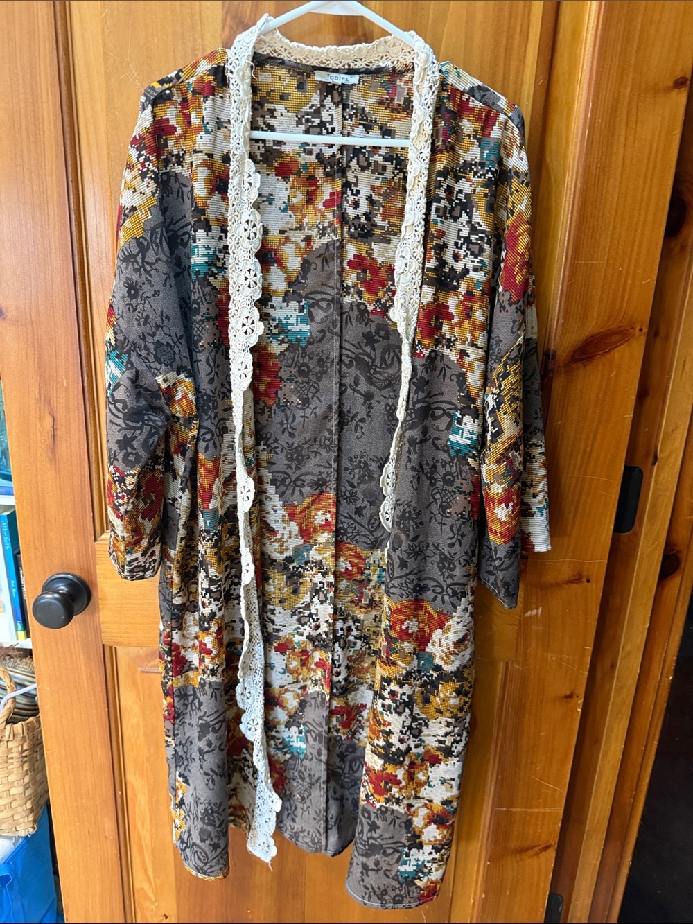 JODIFL Multi-Color Crochet-Trim Open Duster, Long, Sz Large, NICE! - Picture 1 of 10